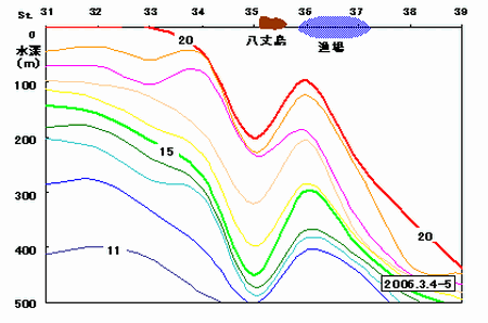 図6 定線観測による水温鉛直分布と漁場形成