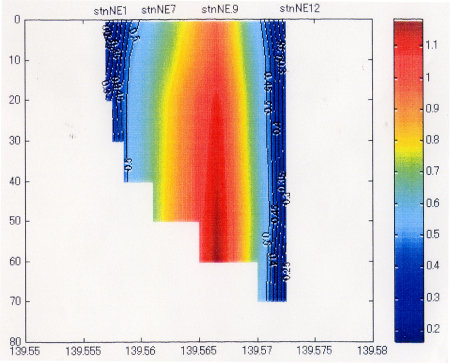 図1 高濁度海域の濁度鉛直断面分布