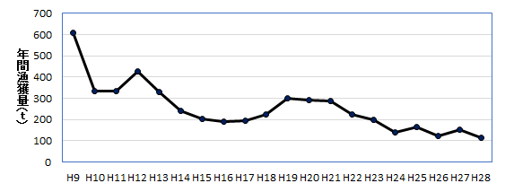 図１　八丈島におけるクサヤモロ漁獲量推移