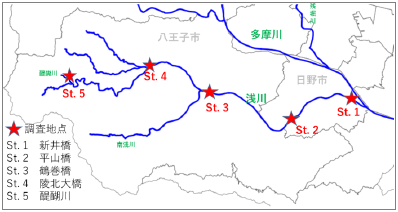 図1　浅川魚類相調査地点
