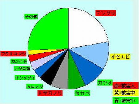 噴火前平成10年の漁獲金額の比率と被害が大きかった種