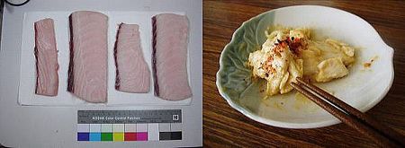図2 ガラパゴスザメの冷水さらし肉とその加工例(酢味噌和え)