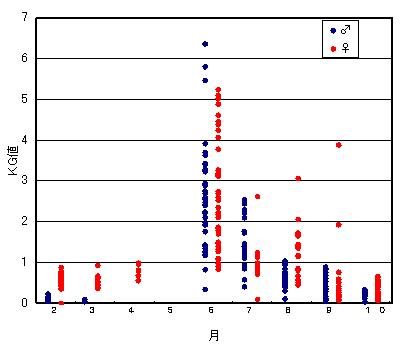 図3伊豆諸島南部海域におけるクサヤモロのKG値月変化
